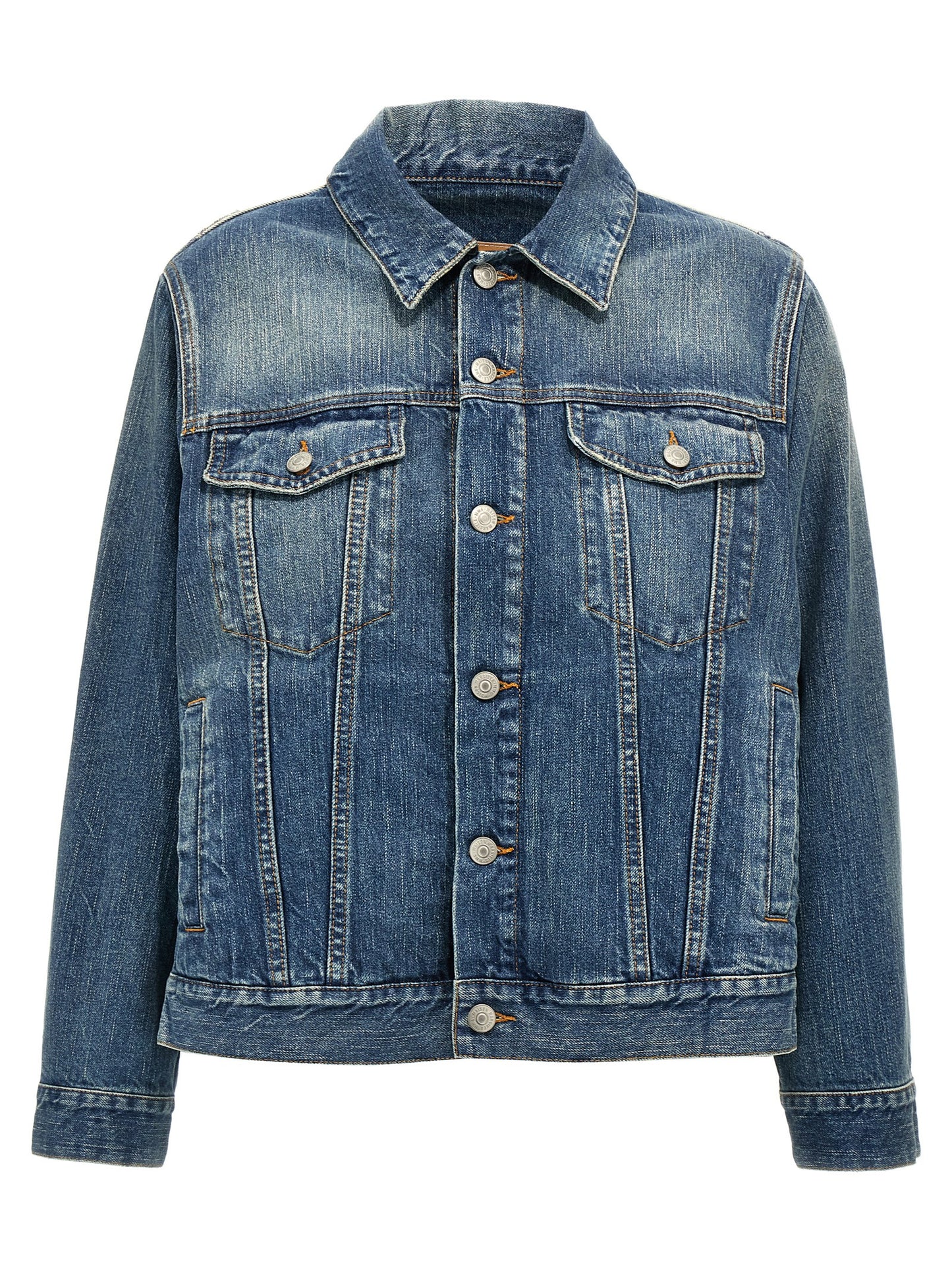 Trucker Jacket by MM6 Maison Margiela for women in denim cotton blue features an contemporary silhouette, showcasing a sophisticated and contemporary pockets for a truly refined look.