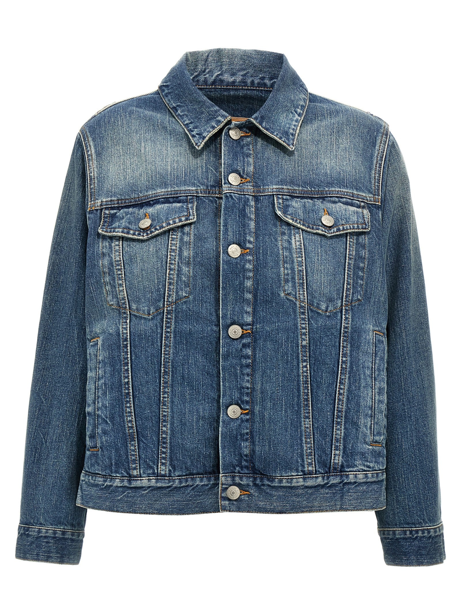 Trucker Jacket by MM6 Maison Margiela for women in denim cotton blue features an contemporary silhouette, showcasing a sophisticated and contemporary pockets for a truly refined look.