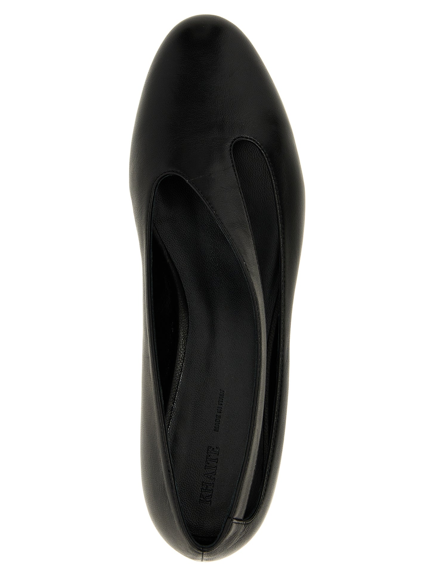 Ballet Flat Shoes by Khaite for women in nappa lamb leather black showcases a dynamic silhouette, artfully capturing Women's Nappa Lamb Leather Ballet Flat Shoes through its distinctive and elegant almond toe style.