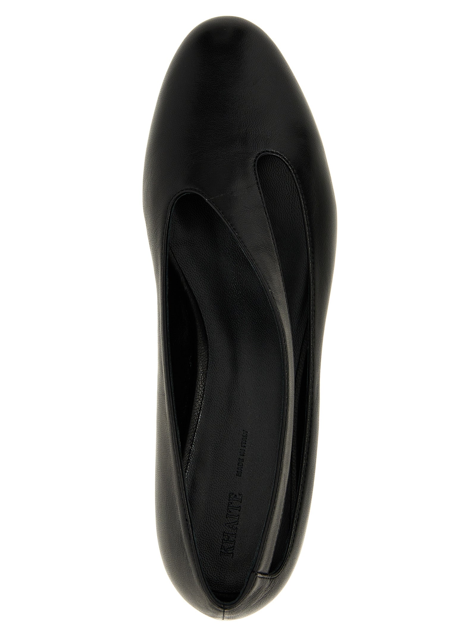 Ballet Flat Shoes by Khaite for women in nappa lamb leather black showcases a dynamic silhouette, artfully capturing Women's Nappa Lamb Leather Ballet Flat Shoes through its distinctive and elegant almond toe style.