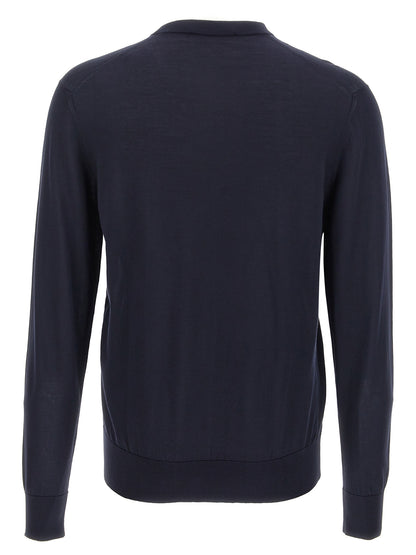 Cardigan by Dolce & Gabbana for men in silk blue features a dramatic silhouette, showcasing a sophisticated crew neckline and dramatic detail for a timeless, premium look.