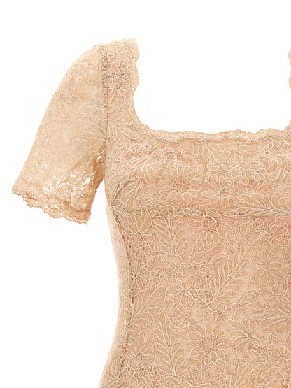 Dress by Ermanno Scervino for women in polyamide & polyester multicolor, pink & floral features a dramatic silhouette, showcasing an elegant square neckline and that flows into a dramatic midi short.