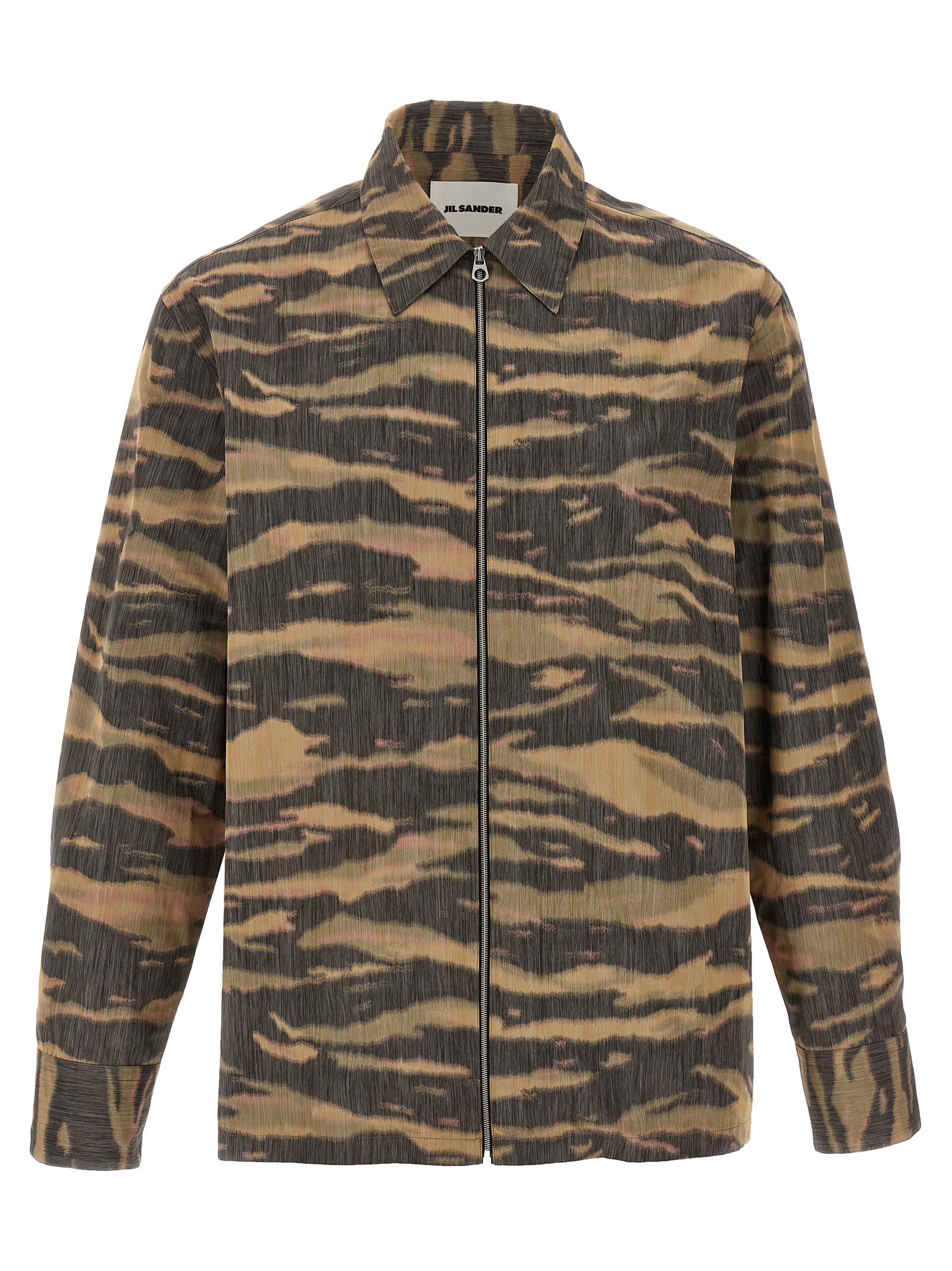 Shirt by Jil Sander for men in polyester & silk multicolor, camouflage & print showcases a sleek silhouette, elegantly detailed with a sleek and long-sleeve for a sleek finish.