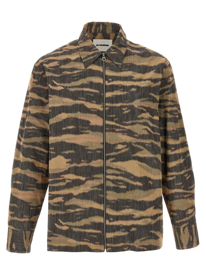 Shirt by Jil Sander for men in polyester & silk multicolor, camouflage & print showcases a sleek silhouette, elegantly detailed with a sleek and long-sleeve for a sleek finish.