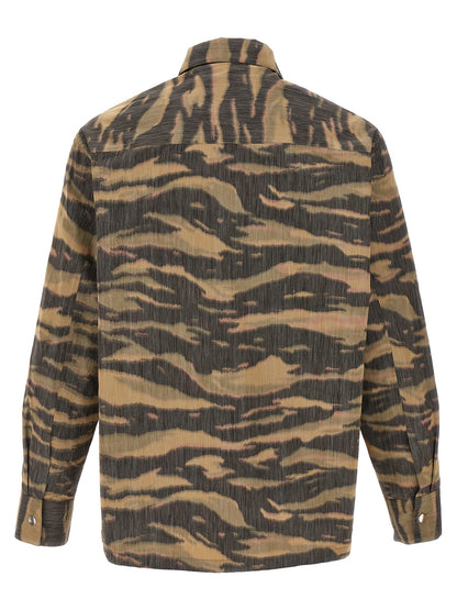 Shirt by Jil Sander for men in polyester & silk multicolor, camouflage & print features an architectural silhouette with a refined and elegant for a architectural look.