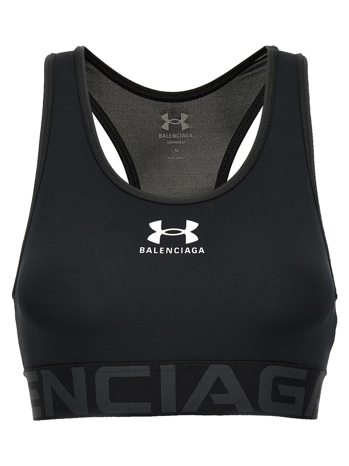 Sport Bra by Balenciaga for women in stretch polyester black, signature & print showcases a edgy silhouette, artfully capturing the essence of the edgy Women's Stretch Polyester Sport Bra design for a sophisticated look.