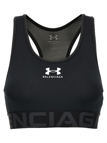 Sport Bra by Balenciaga for women in stretch polyester black, signature & print showcases a edgy silhouette, artfully capturing the essence of the edgy Women's Stretch Polyester Sport Bra design for a sophisticated look.