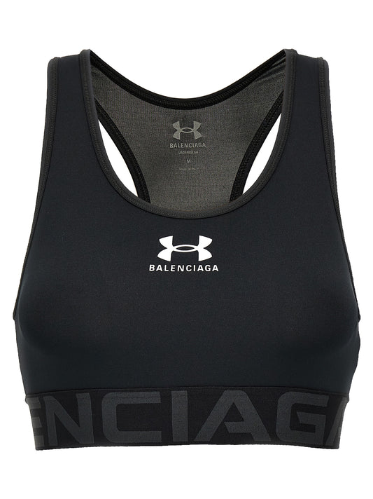 Sport Bra by Balenciaga for women in stretch polyester black, signature & print showcases a edgy silhouette, artfully capturing the essence of the edgy Women's Stretch Polyester Sport Bra design for a sophisticated look.
