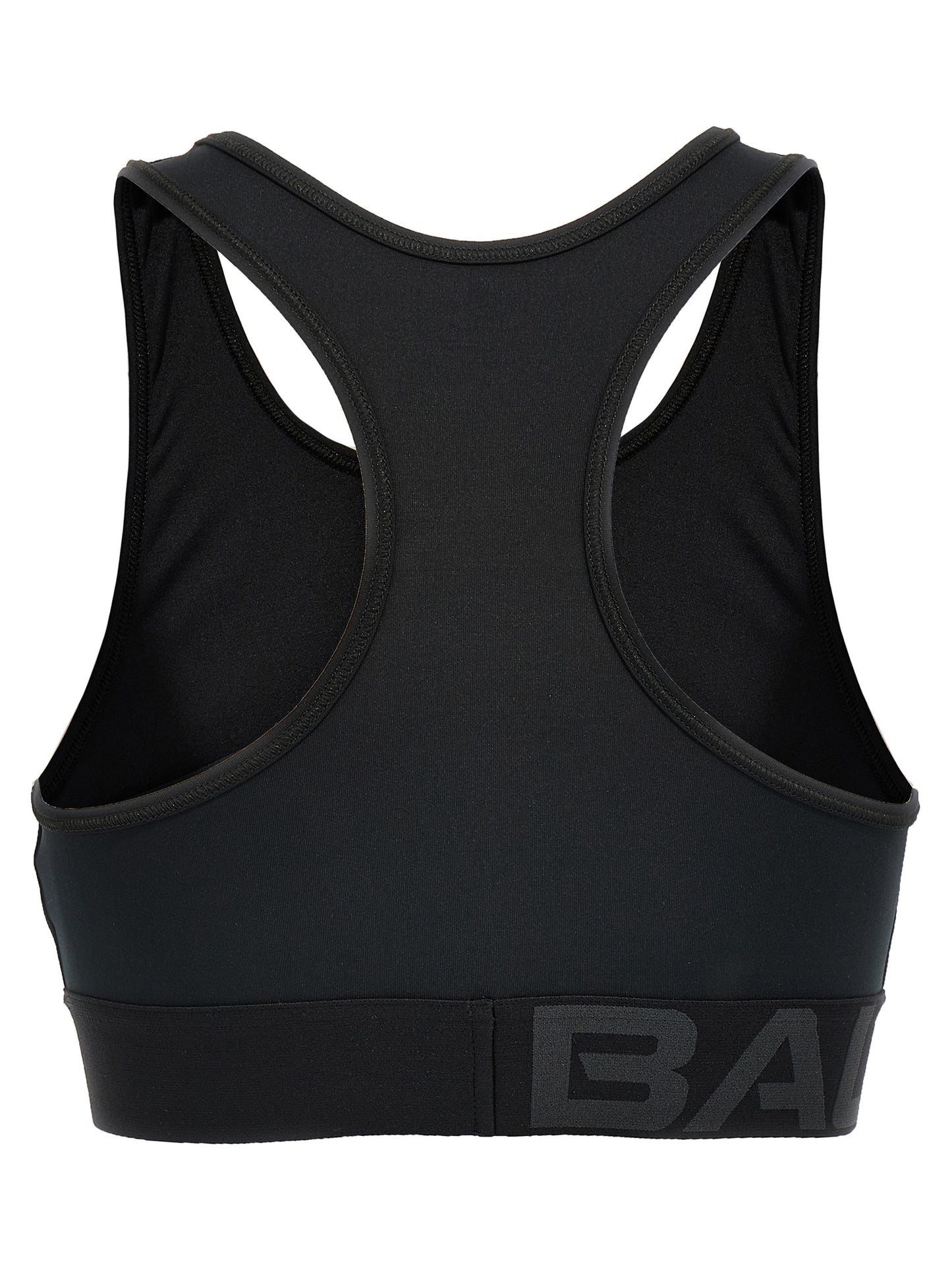 Sport Bra by Balenciaga for women in stretch polyester black, signature & print features an ergonomic silhouette, showcasing the ergonomic design of the Women's Stretch Polyester Sport Bra with a ergonomic fit.