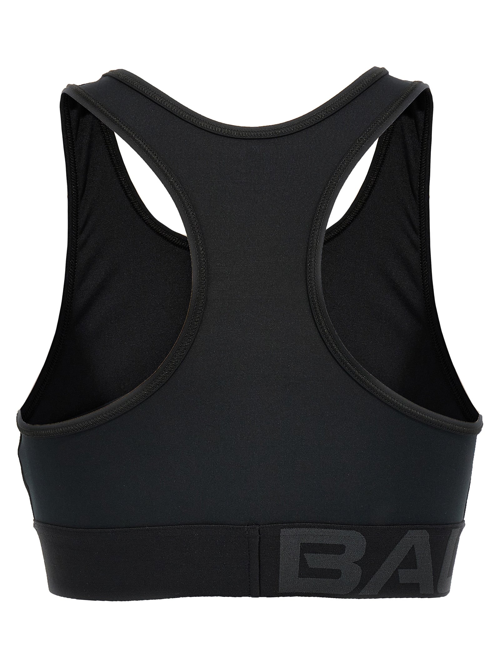 Sport Bra by Balenciaga for women in stretch polyester black, signature & print features an ergonomic silhouette, showcasing the ergonomic design of the Women's Stretch Polyester Sport Bra with a ergonomic fit.