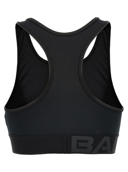 Sport Bra by Balenciaga for women in stretch polyester black, signature & print features an ergonomic silhouette, showcasing the ergonomic design of the Women's Stretch Polyester Sport Bra with a ergonomic fit.