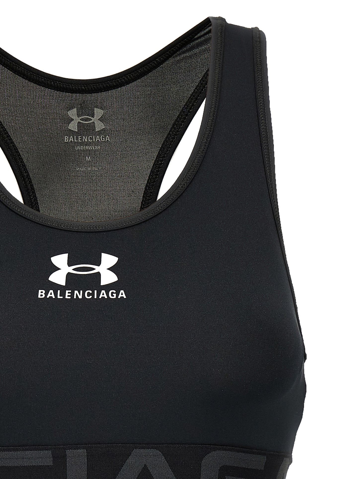 Sport Bra by Balenciaga for women in stretch polyester black, signature & print features a comfortable silhouette, showcasing the comfortable design of this Women's Stretch Polyester Sport Bra.
