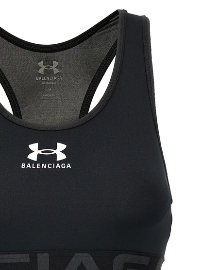 Sport Bra by Balenciaga for women in stretch polyester black, signature & print features a comfortable silhouette, showcasing the comfortable design of this Women's Stretch Polyester Sport Bra.