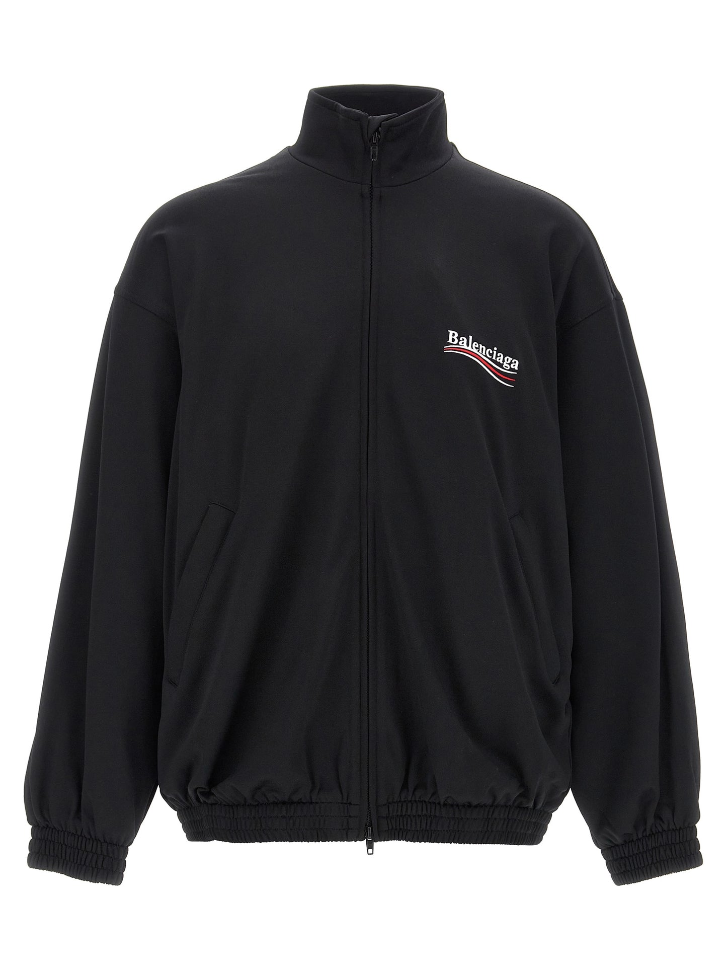 Sweatshirt by Balenciaga for men in polyamide & polyester black & signature showcases a slouchy chic silhouette, artfully detailed with a slouchy chic high-neck neckline and long-sleeve for a slouchy chic finish.