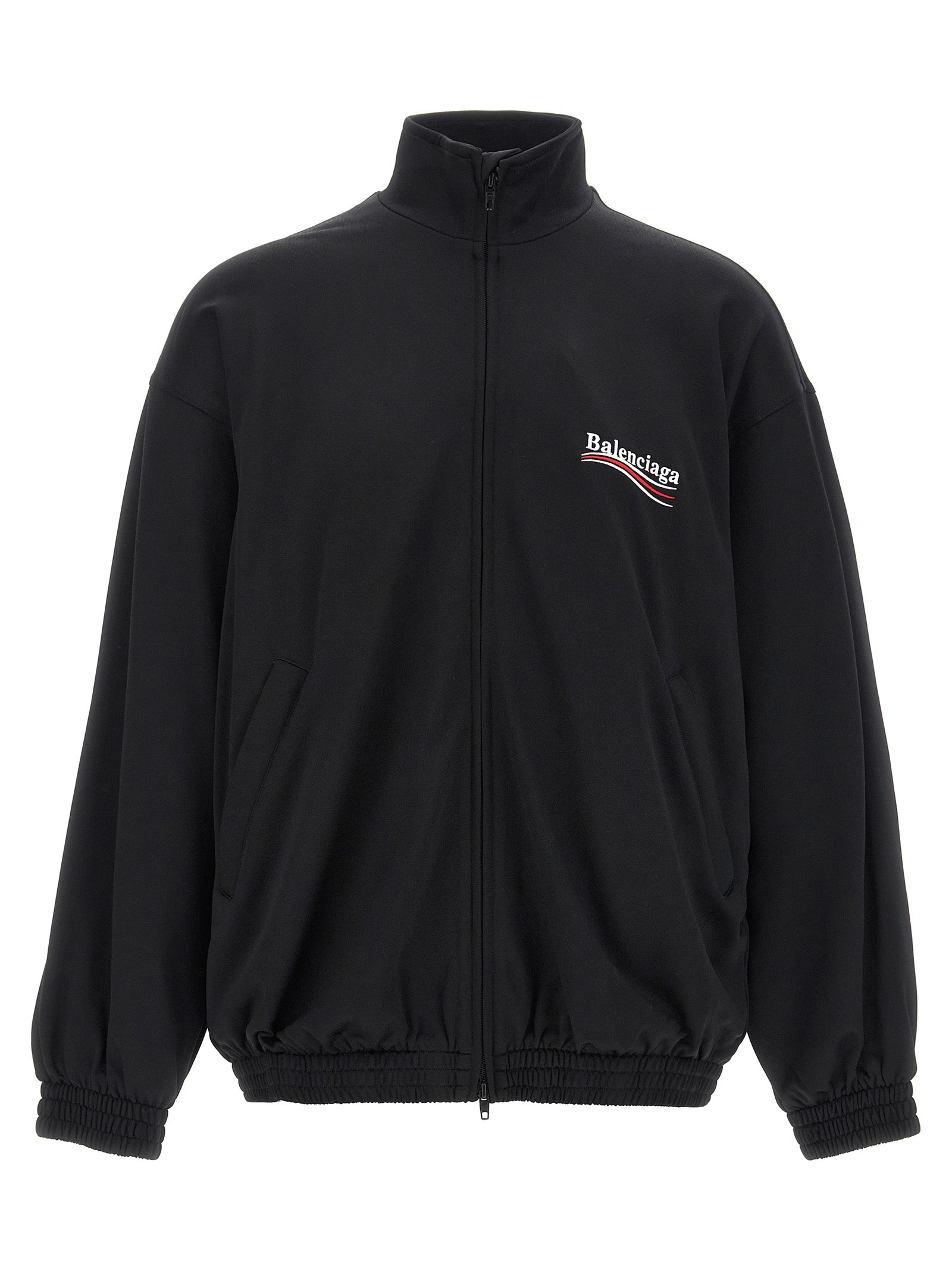 Sweatshirt by Balenciaga for men in polyamide & polyester black & signature showcases a slouchy chic silhouette, artfully detailed with a slouchy chic high-neck neckline and long-sleeve for a slouchy chic finish.