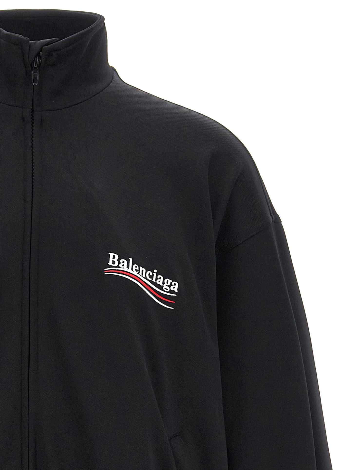 Sweatshirt by Balenciaga for men in polyamide & polyester black & signature features an provocated silhouette, detailed with a provocated and a refined high-neck neckline for a sophisticated aesthetic.