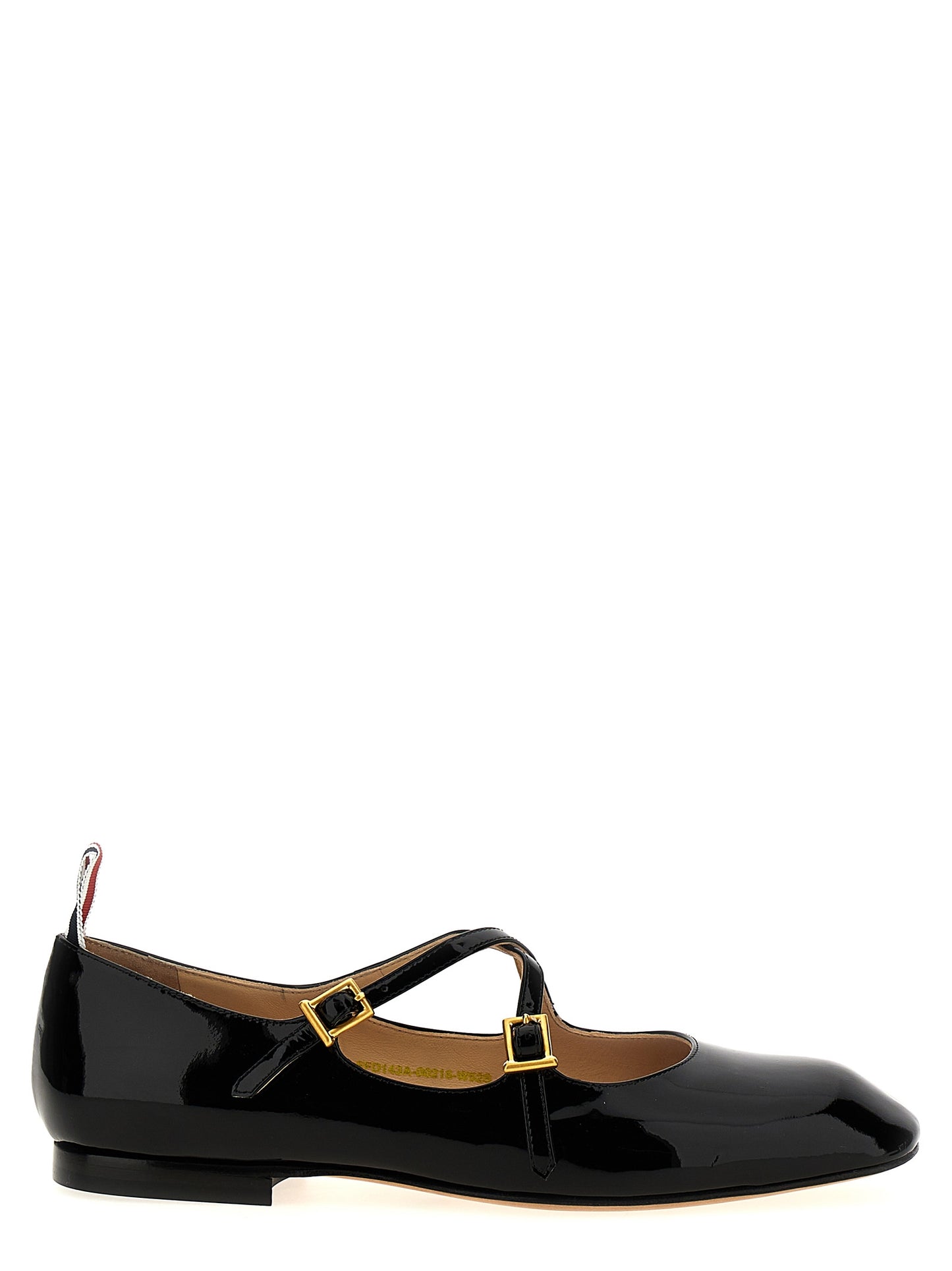 Ballet Flat Shoes by Thom Browne for women in patent lamb leather black, signature & striped features an statuesque silhouette from the Women's Patent Lamb Leather Ballet Flat Shoes collection, showcasing a and a statuesque for a statuesque look.