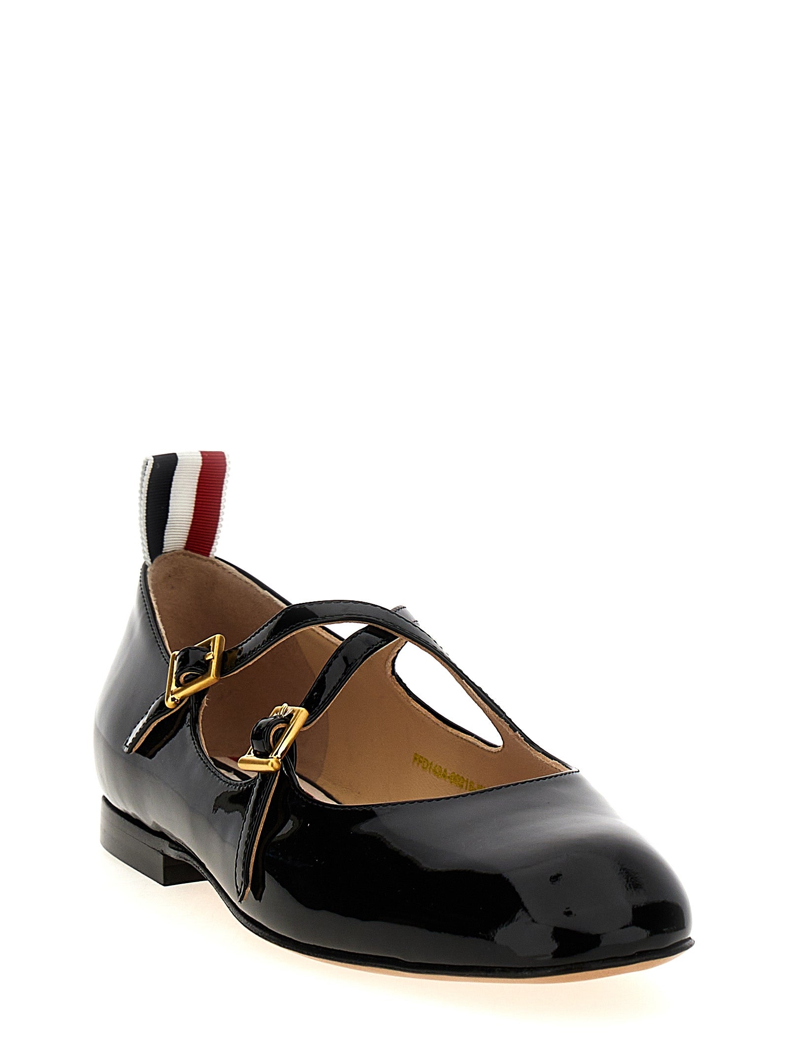 Ballet Flat Shoes by Thom Browne for women in patent lamb leather black, signature & striped showcases a resplendent Women's Patent Lamb Leather Ballet Flat Shoes aesthetic with a and .