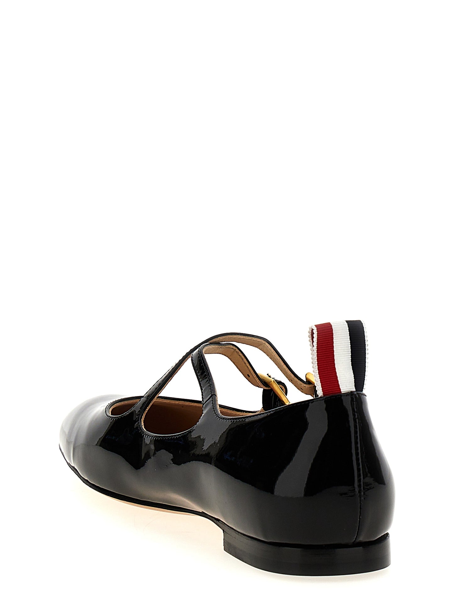 Ballet Flat Shoes by Thom Browne for women in patent lamb leather black, signature & striped presents a impeccable silhouette as Women's Patent Lamb Leather Ballet Flat Shoes, artfully designed with a and a impeccable for a refined, upscale finish.