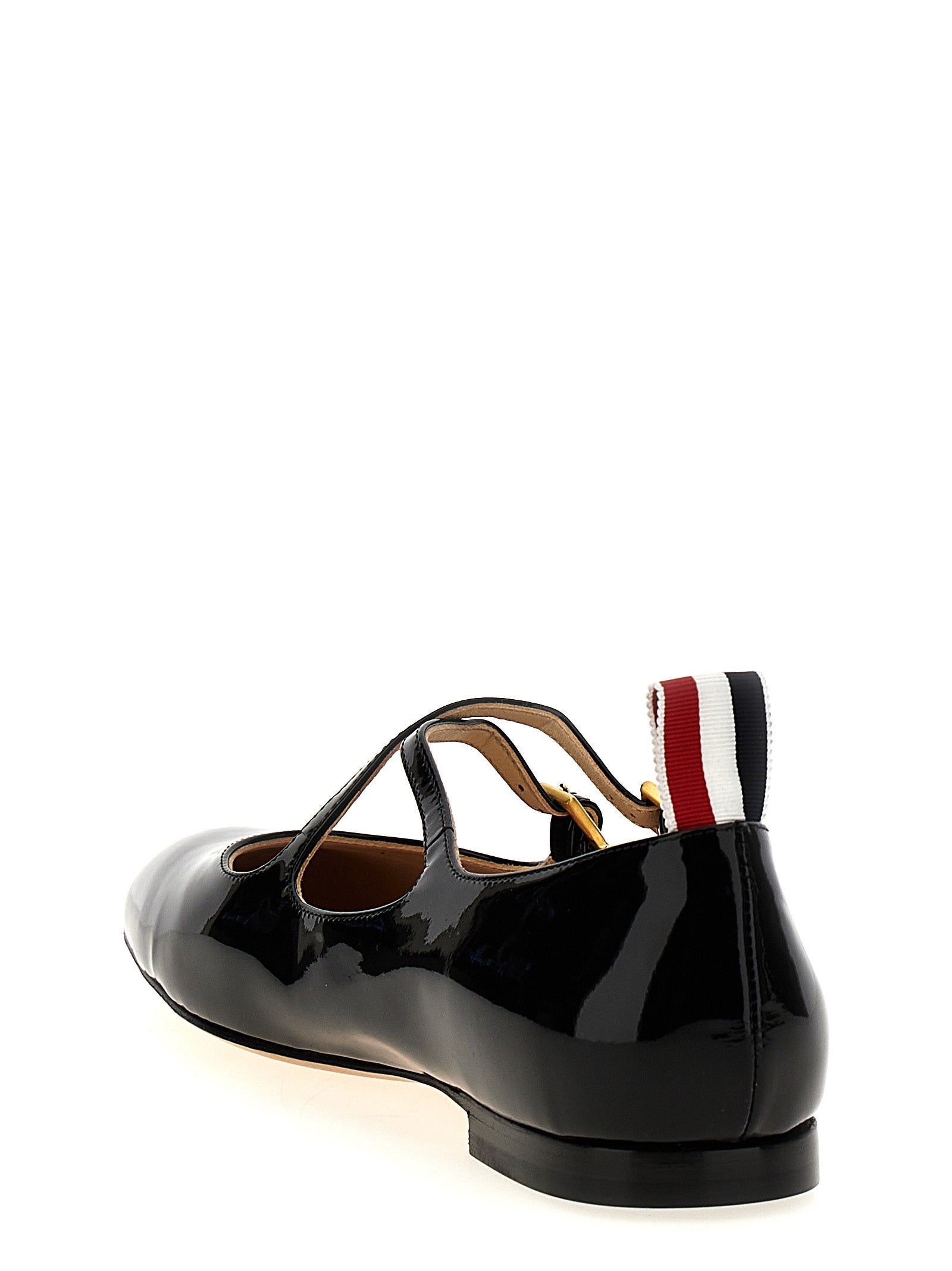 Ballet Flat Shoes by Thom Browne for women in patent lamb leather black, signature & striped presents a impeccable silhouette as Women's Patent Lamb Leather Ballet Flat Shoes, artfully designed with a and a impeccable for a refined, upscale finish.