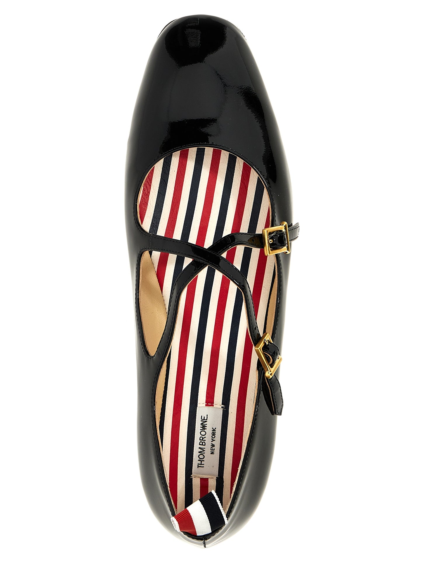 Ballet Flat Shoes by Thom Browne for women in patent lamb leather black, signature & striped features an captivating silhouette, showcasing the captivating style of the Women's Patent Lamb Leather Ballet Flat Shoes with its distinct and refined .