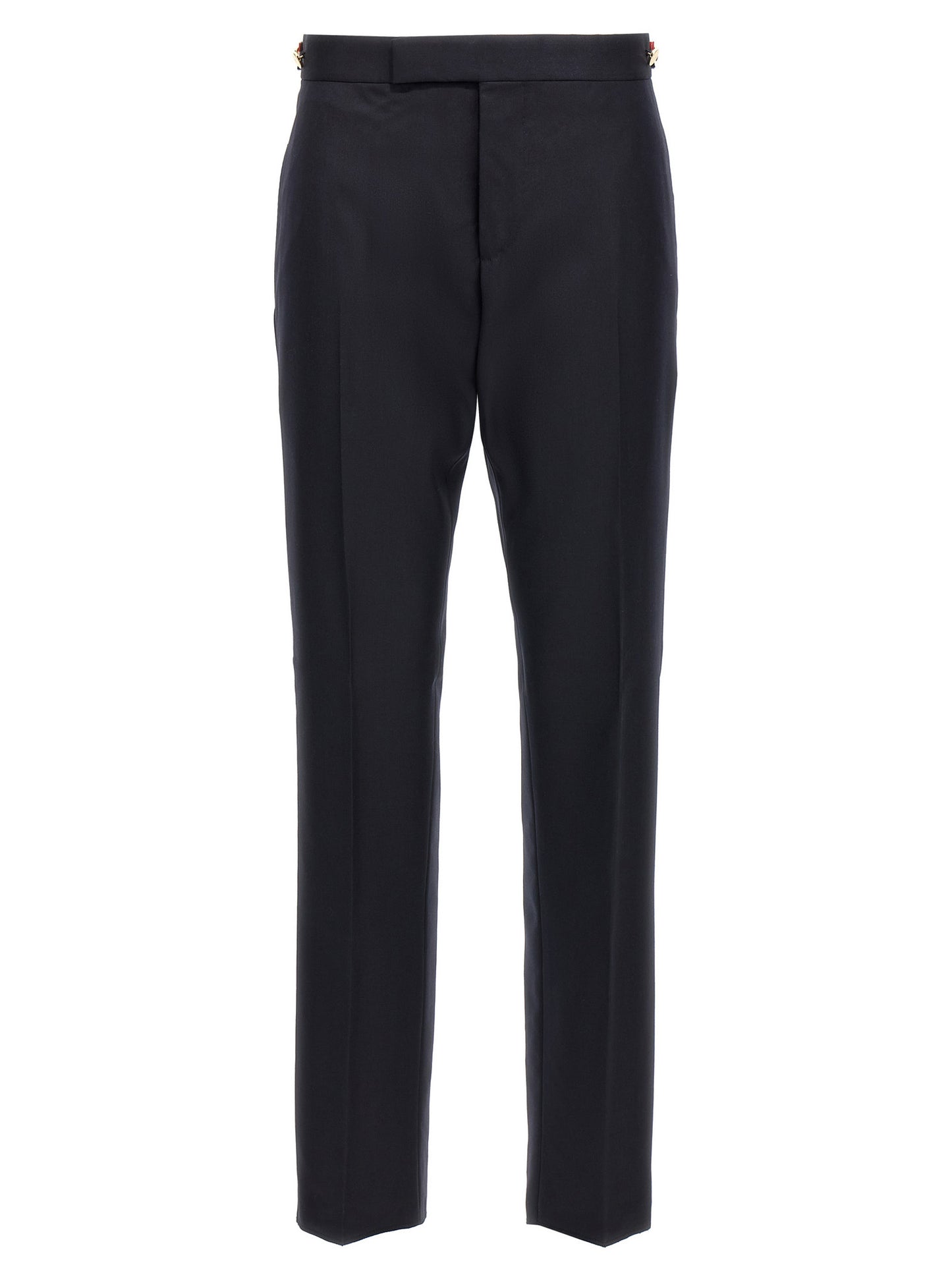 Trousers by Thom Browne for men in wool twill blue features a sculptural silhouette, showcasing a sculptural straight-leg and long with a sophisticated low rise for a sculptural finish.