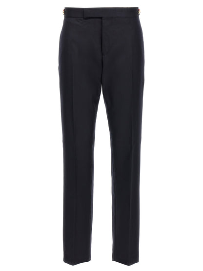 Trousers by Thom Browne for men in wool twill blue features a sculptural silhouette, showcasing a sculptural straight-leg and long with a sophisticated low rise for a sculptural finish.