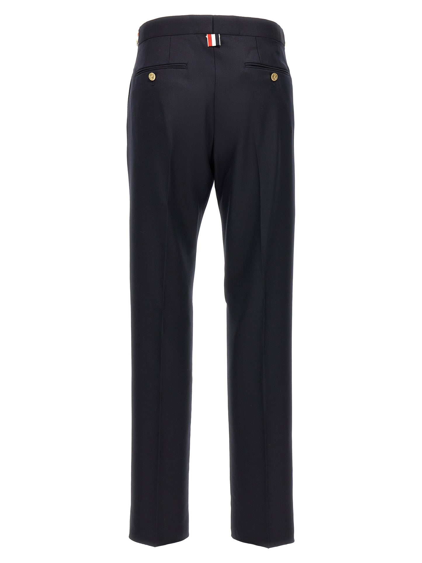 Trousers by Thom Browne for men in wool twill blue features an sartorial silhouette, showcasing a precise straight-leg and long with a sartorial low rise for a refined look.