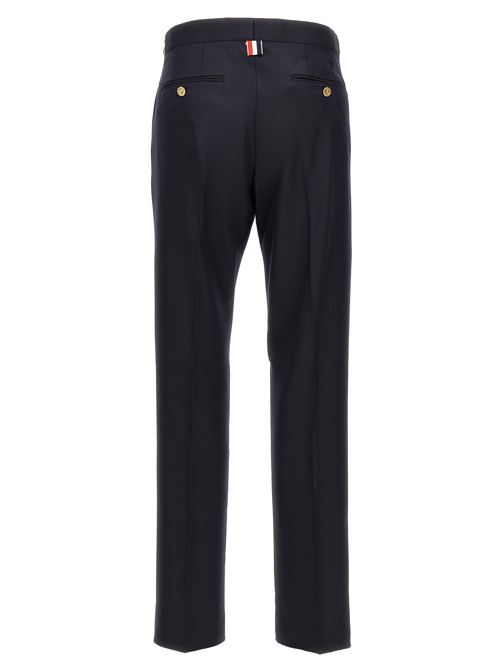 Trousers by Thom Browne for men in wool twill blue features an sartorial silhouette, showcasing a precise straight-leg and long with a sartorial low rise for a refined look.