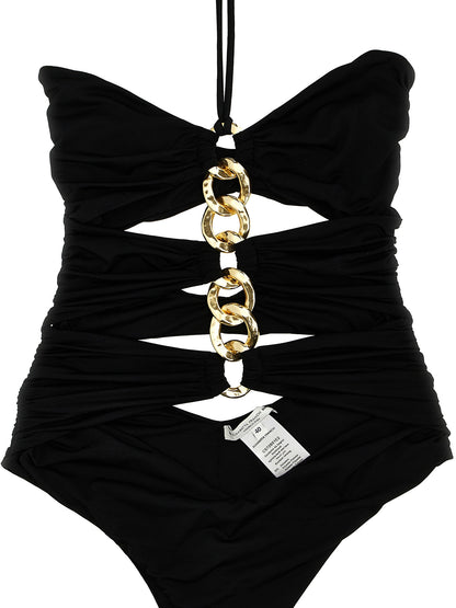 One-Piece Swimsuit by Elisabetta Franchi for women in stretch polyamide black showcases a couture inspired silhouette from the Waves Women's Stretch Polyamide One-Piece Swimsuit collection, featuring a couture inspired cut designed for a couture inspired and couture inspired poolside look.