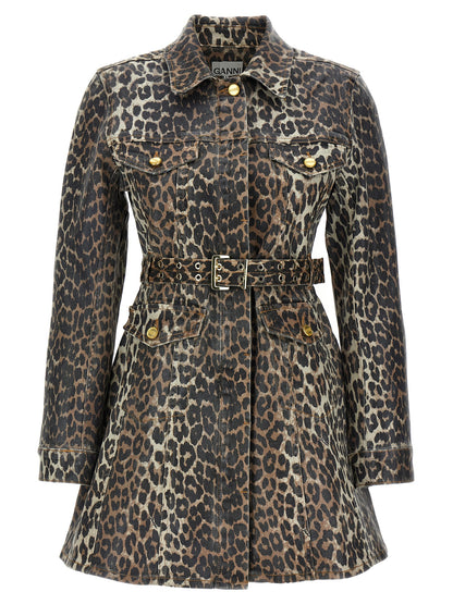 Dress by Ganni for women in stretch denim cotton multicolor, leopard-print & print features a dramatic silhouette, showcasing an elegant and that flows into a dramatic short mini.