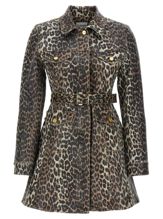 Dress by Ganni for women in stretch denim cotton multicolor, leopard-print & print features a dramatic silhouette, showcasing an elegant and that flows into a dramatic short mini.