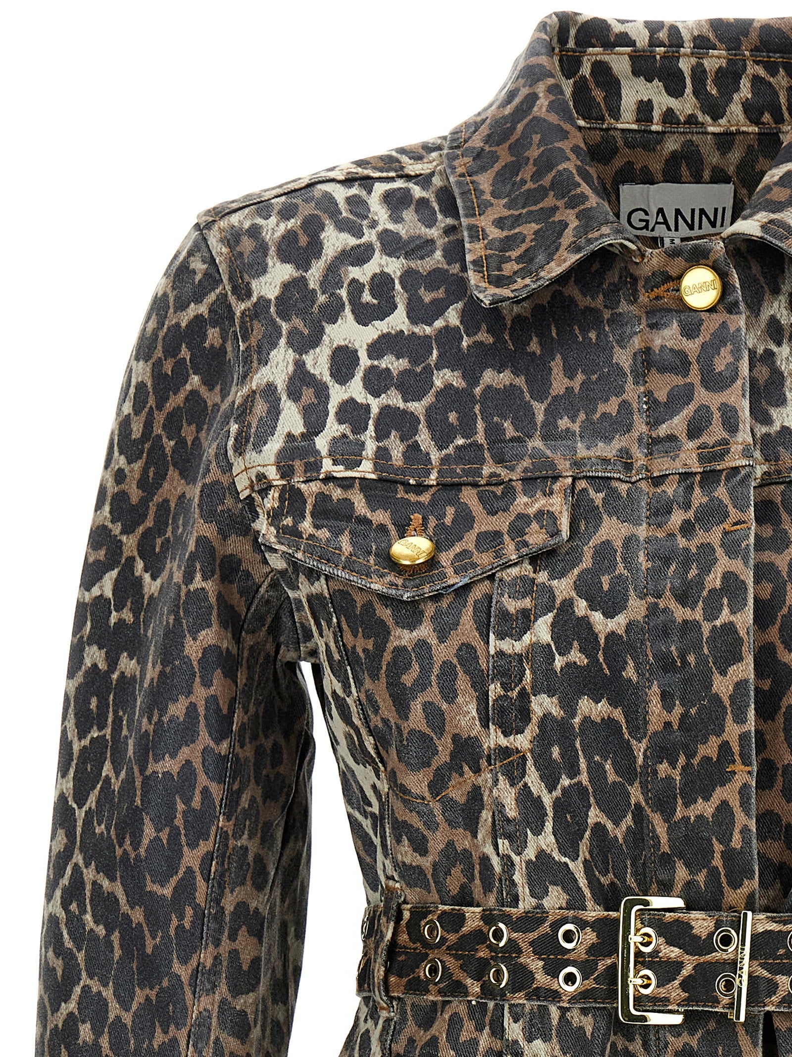 Dress by Ganni for women in stretch denim cotton multicolor, leopard-print & print presents a sinuous silhouette, showcasing a sophisticated and detailed with a sinuous short mini for a refined finish.