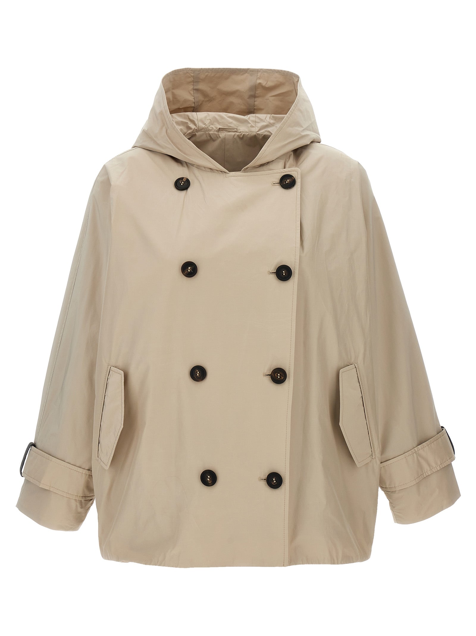 Hooded Overcoat by Brunello Cucinelli for women in cotton polyester beige showcases a enveloping silhouette, detailed with distinctive hooded and a enveloping hooded neckline.