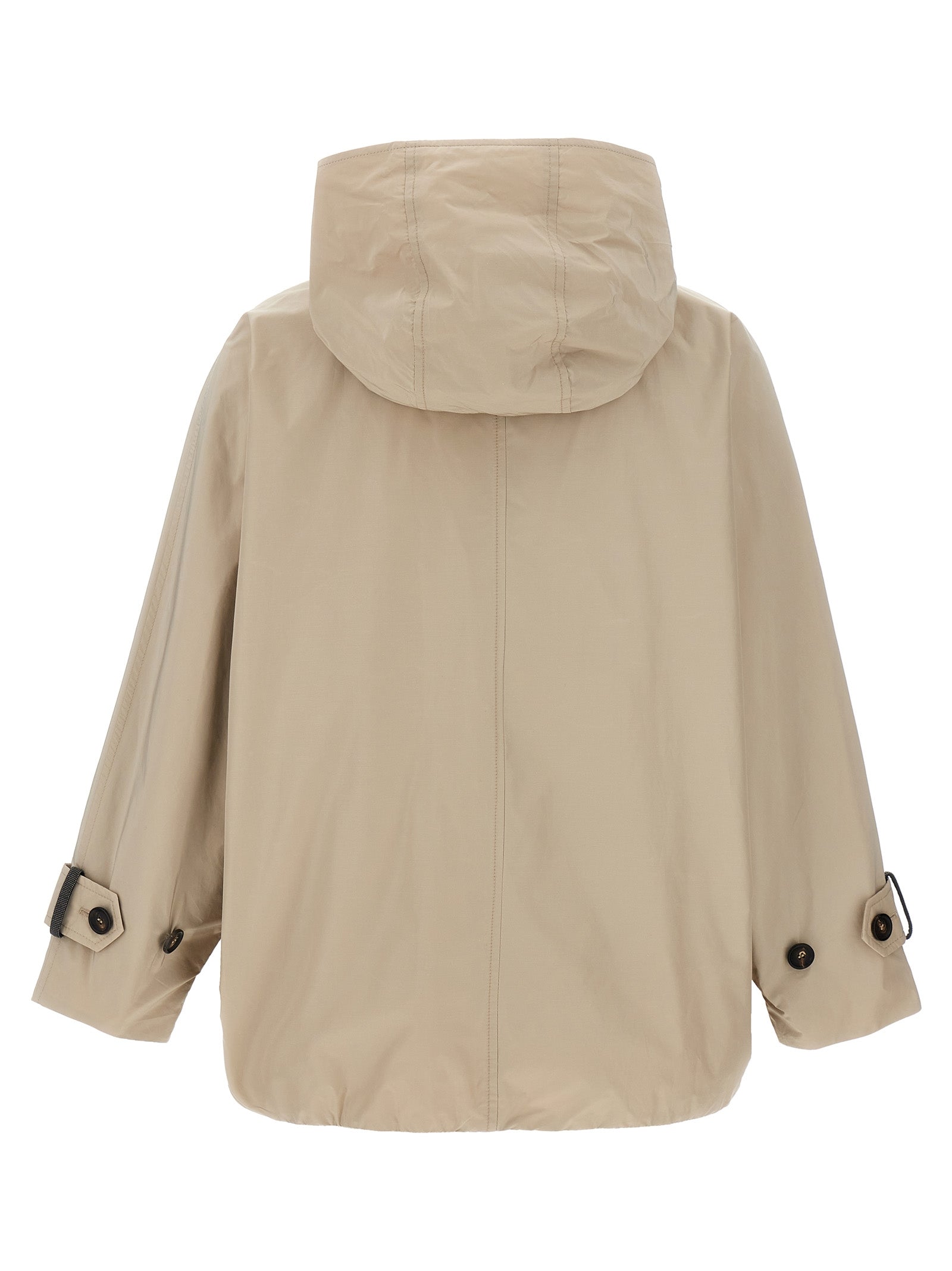 Hooded Overcoat by Brunello Cucinelli for women in cotton polyester beige features a contemporary silhouette showcasing a contemporary hooded neckline and refined hooded for a sophisticated finish.
