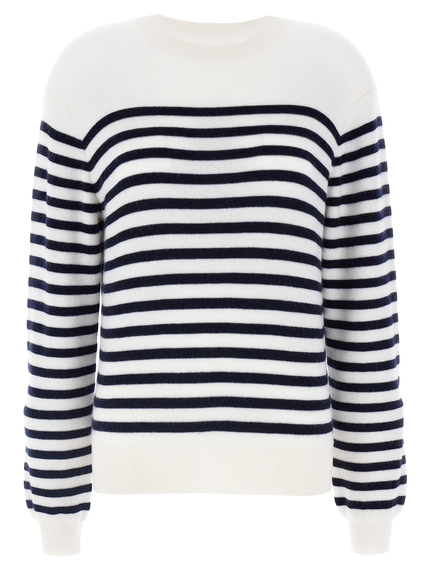 Cardigan by Khaite for women in cashmere bicolour, black, white & striped features a dramatic silhouette, showcasing a sophisticated crew neckline and dramatic detail for a timeless, premium look.