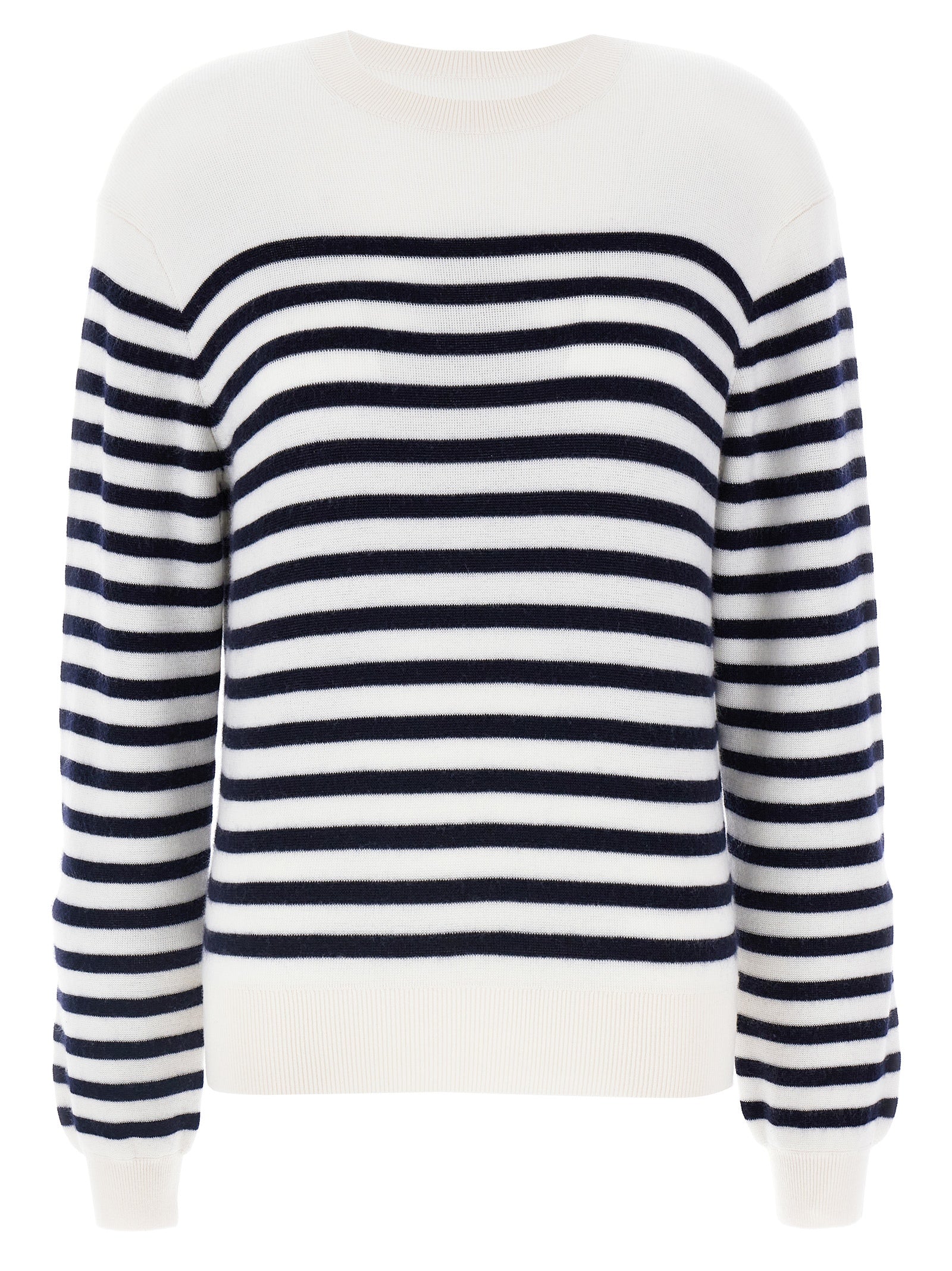 Cardigan by Khaite for women in cashmere bicolour, black, white & striped features a dramatic silhouette, showcasing a sophisticated crew neckline and dramatic detail for a timeless, premium look.