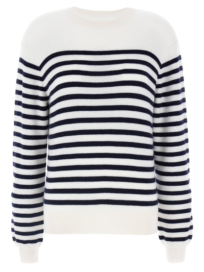Cardigan by Khaite for women in cashmere bicolour, black, white & striped features a dramatic silhouette, showcasing a sophisticated crew neckline and dramatic detail for a timeless, premium look.