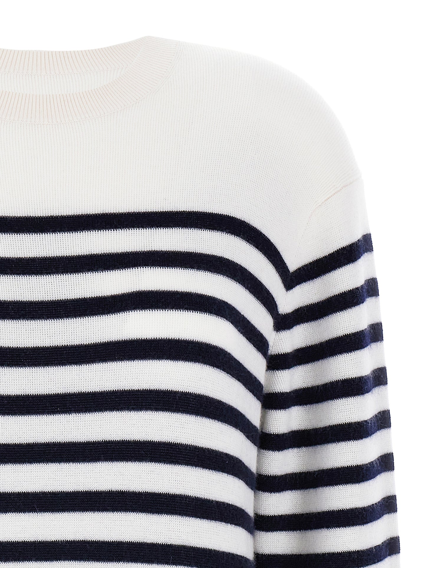 Cardigan by Khaite for women in cashmere bicolour, black, white & striped presents a textural silhouette, artfully finished with a textural crew neckline and for a sophisticated, textural look.