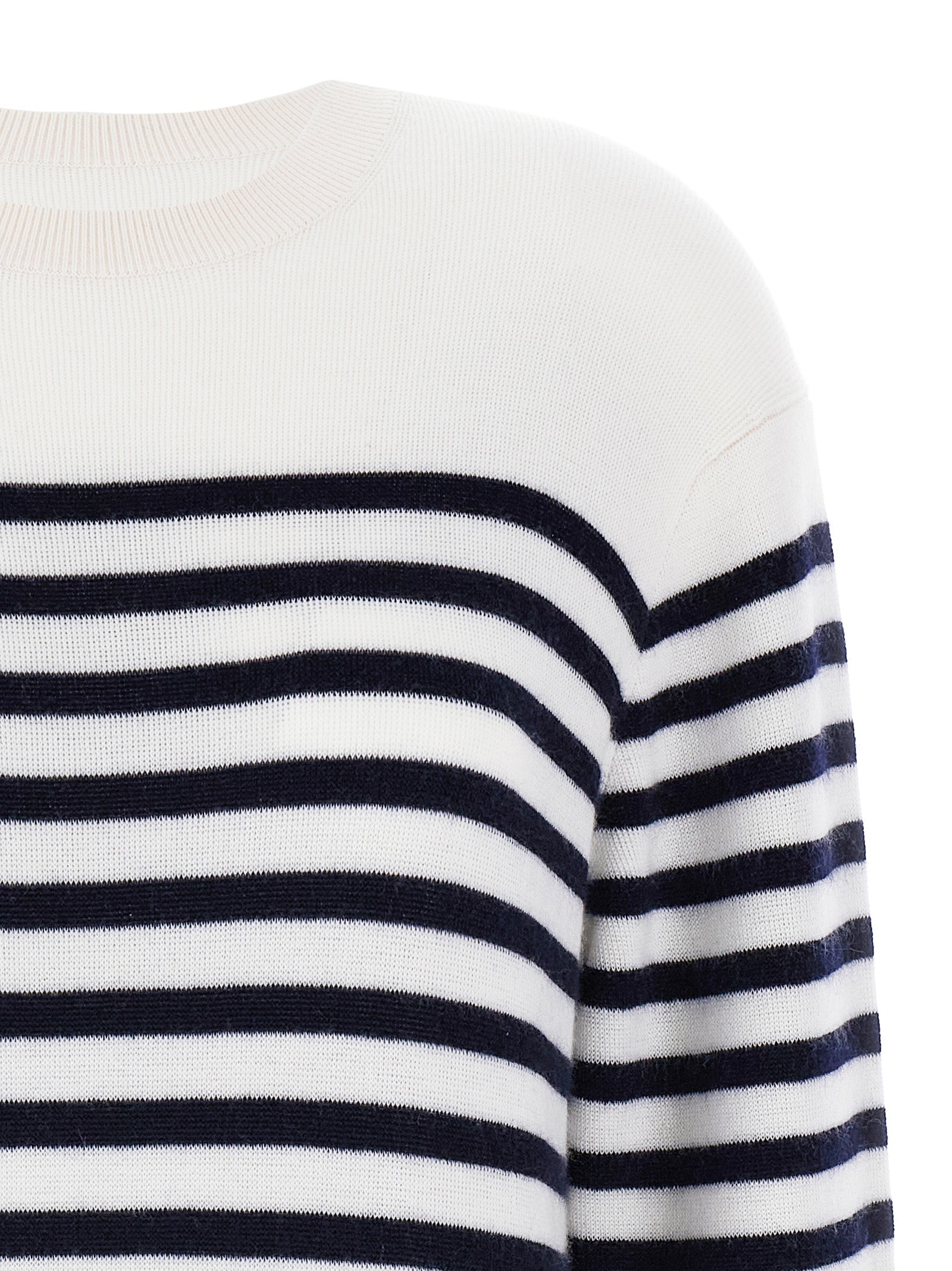 Cardigan by Khaite for women in cashmere bicolour, black, white & striped presents a textural silhouette, artfully finished with a textural crew neckline and for a sophisticated, textural look.