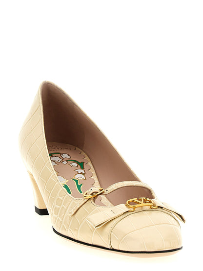Mid-Heel Pumps Heels by Valentino Garavani for women in crocodile calfskin leather white, patterned, floral & signature features a effortlessly chic V Logo Women's Crocodile Calfskin Leather Mid-Heel Pumps Heels design with a sophisticated mid-heel and elegant .