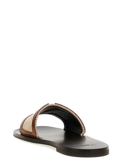Sliders Sandals Flat Shoes by Valentino Garavani for women in cotton canvas & leather brown showcases a dynamic silhouette, artfully capturing V Logo Women's Cotton Canvas & Leather Sliders Sandals Flat Shoes through its distinctive and elegant .
