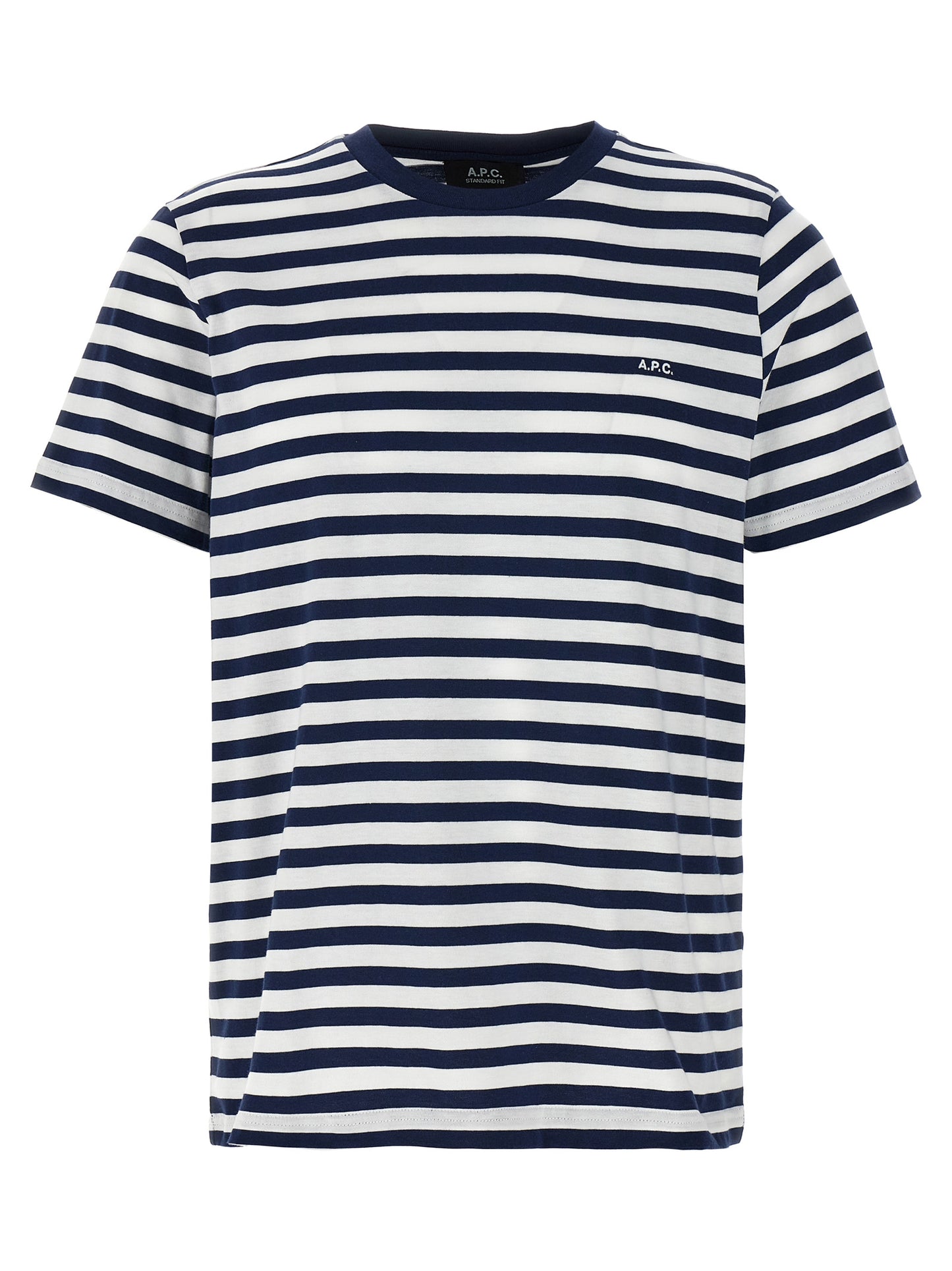 T-Shirt by A.P.C. for men in organic cotton blue & striped showcases a dramatic silhouette, elegantly detailed with a dramatic crew neckline and short-sleeve for a truly dramatic finish.