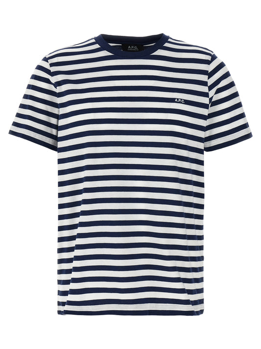 T-Shirt by A.P.C. for men in organic cotton blue & striped showcases a dramatic silhouette, elegantly detailed with a dramatic crew neckline and short-sleeve for a truly dramatic finish.