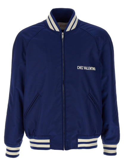 Bomber Jacket by Valentino Garavani for men in polyamide blue & print showcases a bohemian silhouette, artfully detailed with a bohemian and signature pockets & insulated for a truly bohemian finish.
