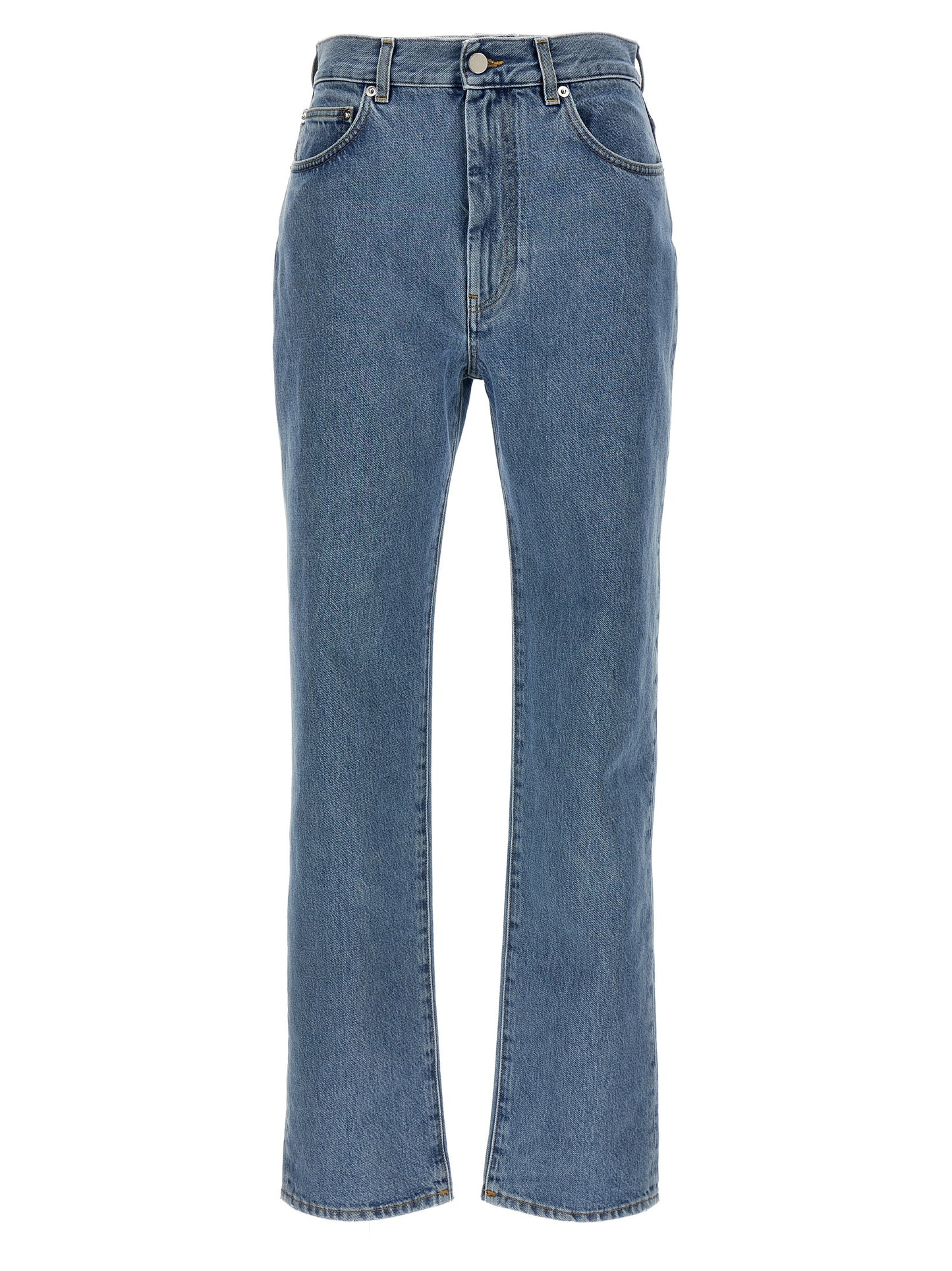 Jeans by Loulou De Saison for women in organic denim cotton & leather light-blue presents a tailored silhouette, showcasing a tailored straight-leg and long cut with a refined high rise for a truly tailored aesthetic.