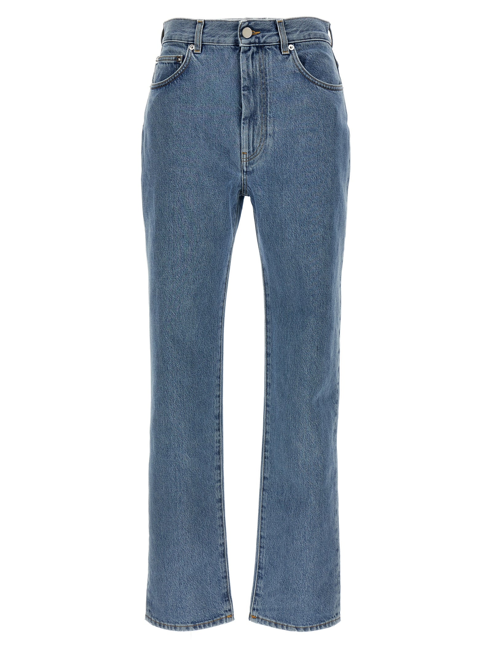 Jeans by Loulou De Saison for women in organic denim cotton & leather light-blue presents a tailored silhouette, showcasing a tailored straight-leg and long cut with a refined high rise for a truly tailored aesthetic.