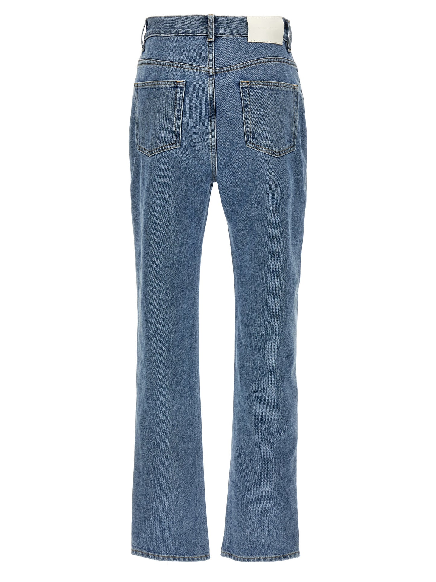 Jeans by Loulou De Saison for women in organic denim cotton & leather light-blue features an sophisticated high rise and straight-leg with a precise long, creating a sophisticated and sophisticated silhouette.