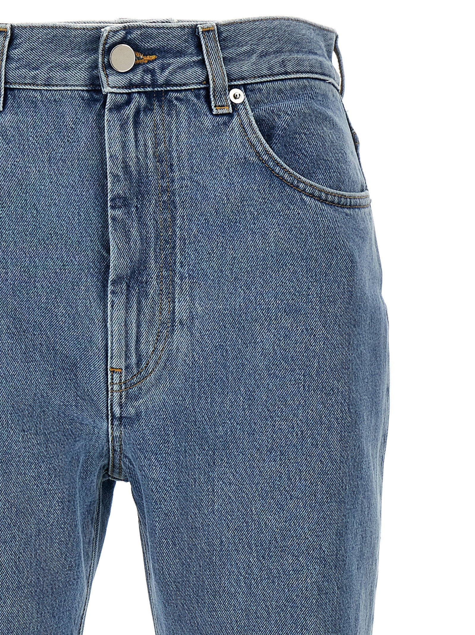 Jeans by Loulou De Saison for women in organic denim cotton & leather light-blue features an refined tailoring silhouette, showcasing a premium straight-leg with a high rise and long cut for a refined tailoring look.