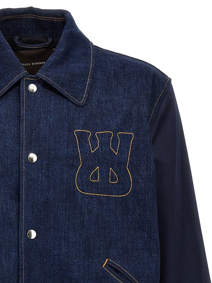 Trucker Jacket by WALES BONNER for men in denim cotton blue showcases a bohemian silhouette, artfully detailed with a bohemian and signature for a truly bohemian finish.